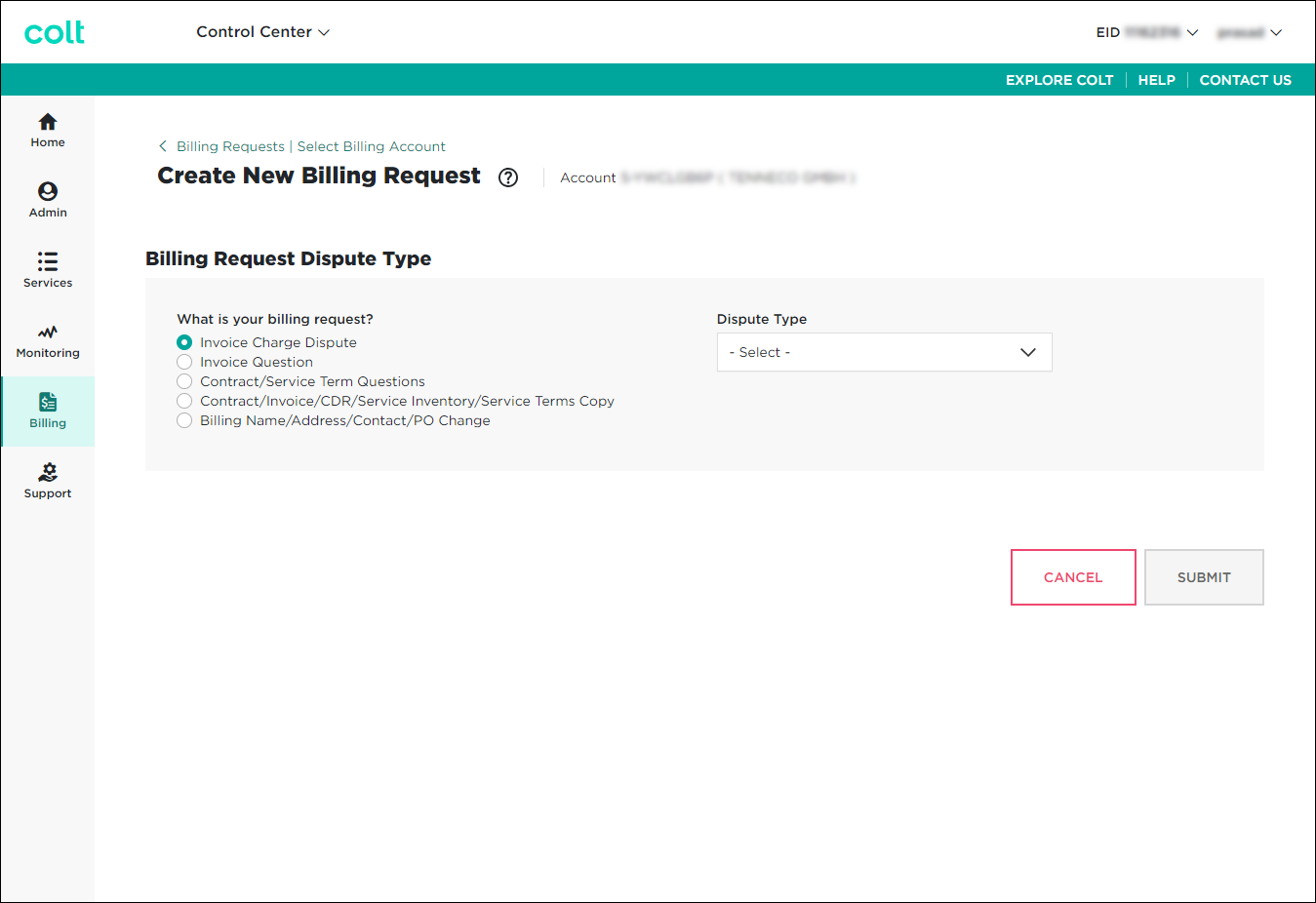 Create New Billing Request (showing billing request dispute types)
