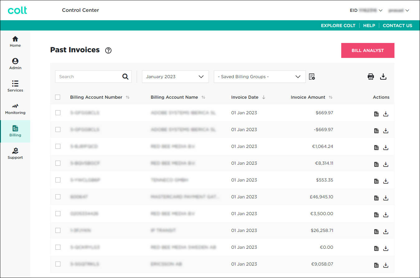 Past Invoices & Downloads (showing Past Invoices tab and date selected)