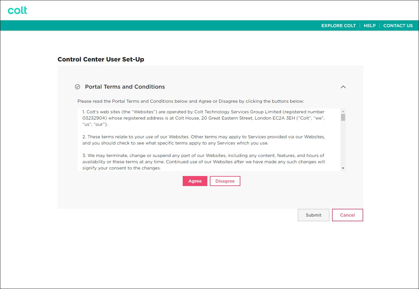 Control Center User Setup (showing portal terms and conditions)