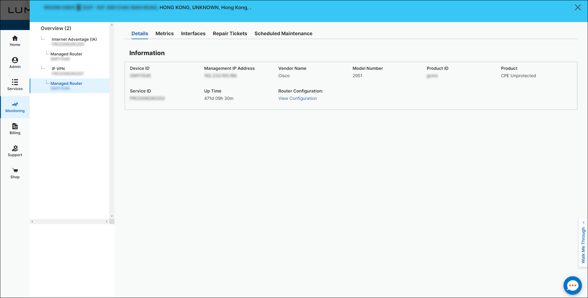 Network Visibility (showing the Details tab for a managed router)