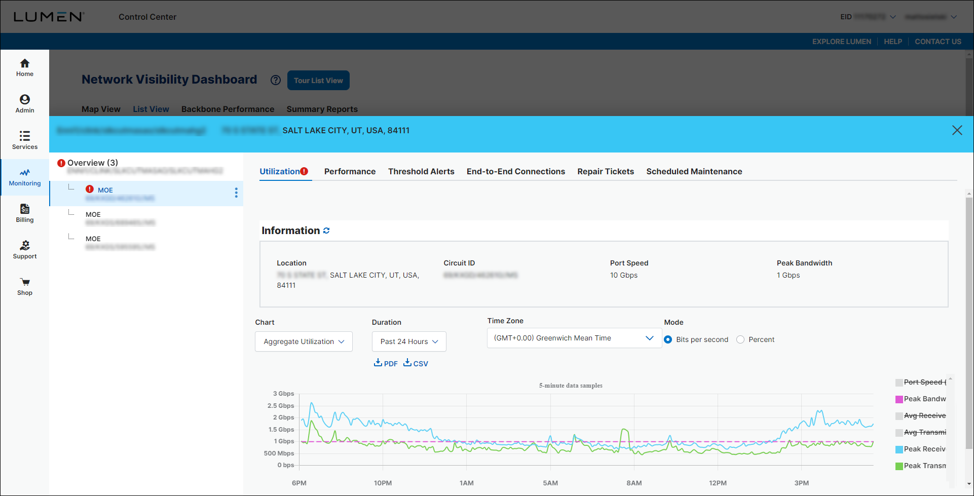 Network Visibility (showing details for a service)