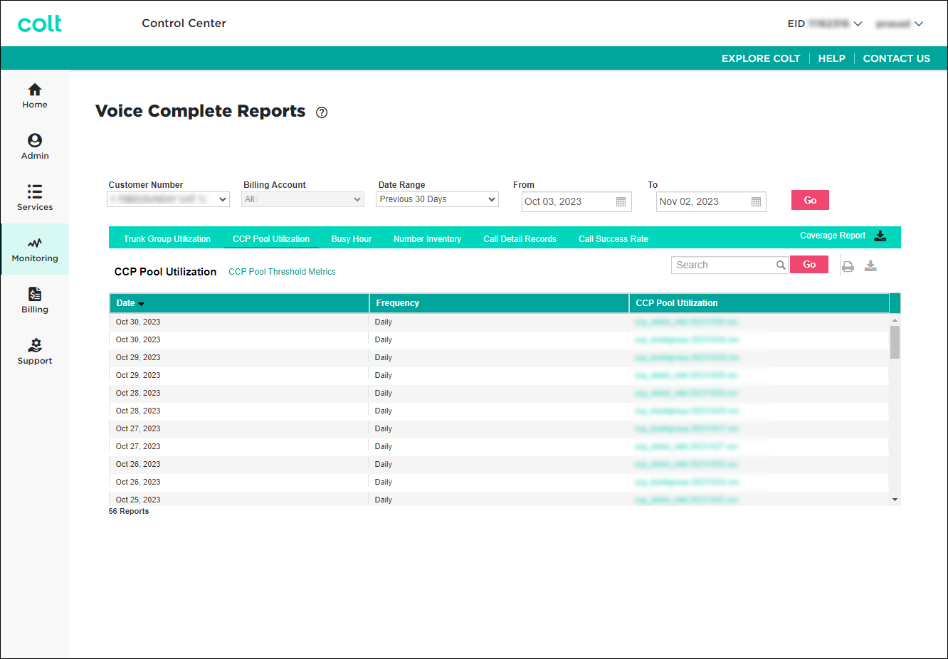 Voice Complete Reports (showing CCP Pool Utilization)