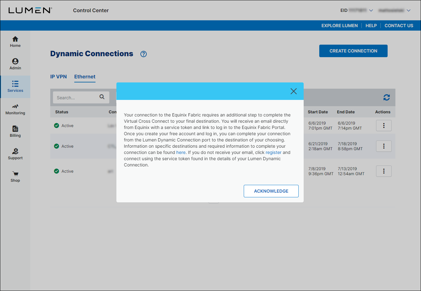 Dynamic Connections Ethernet (showing Equinix acknowledgement)