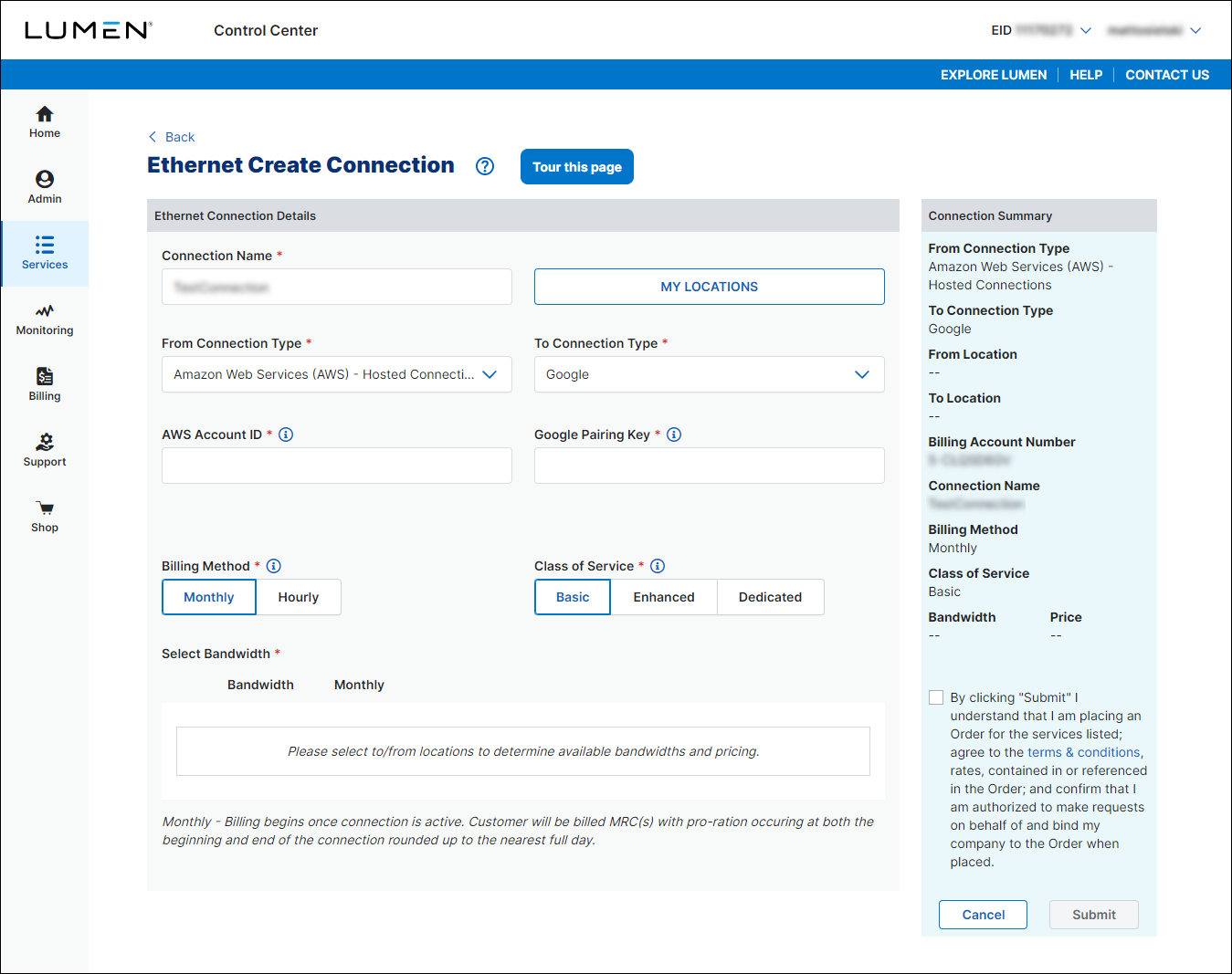 Ethernet Create Connection (showing a connection from AWS to Google)