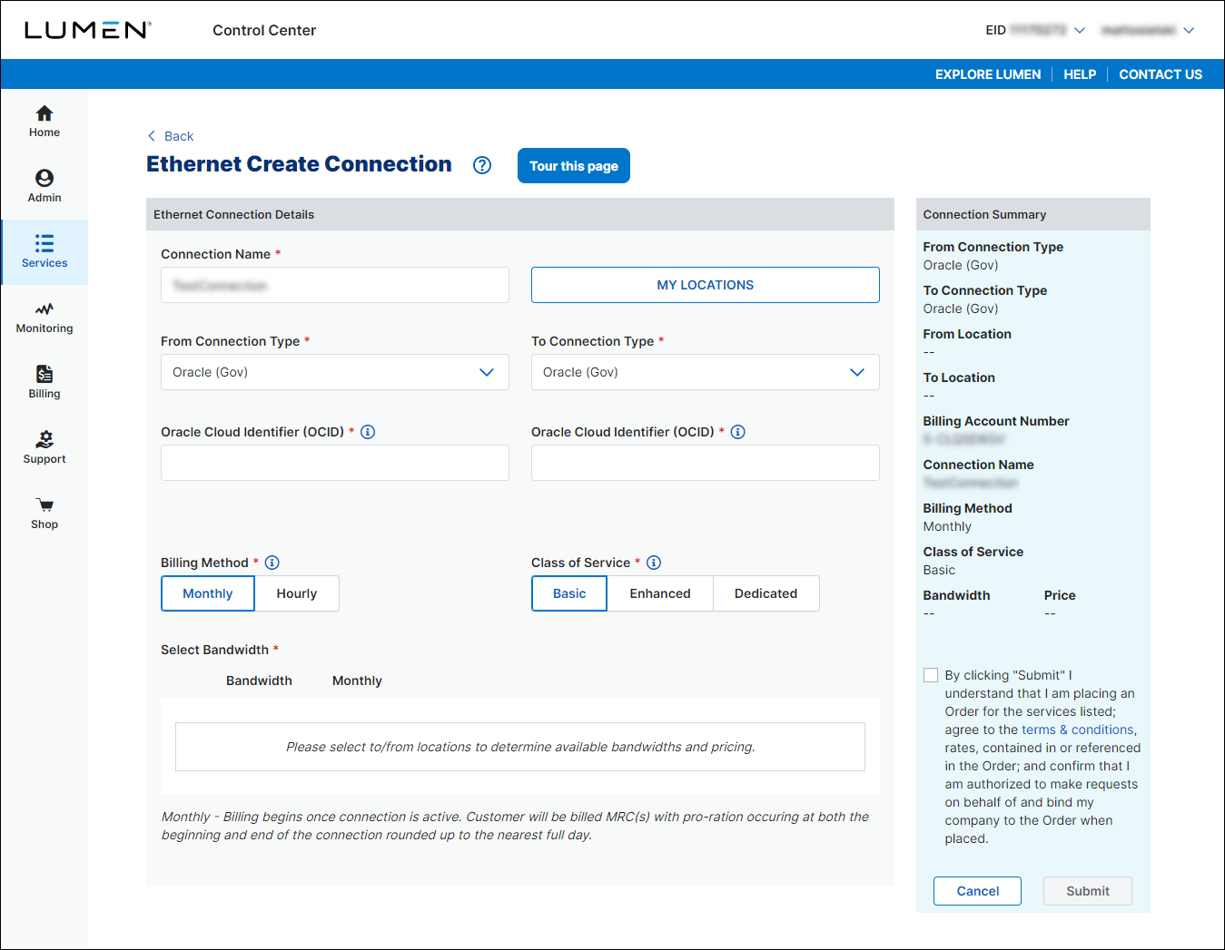 Ethernet Create Connection (showing a connection from Oracle Gov to Oracle Gov)