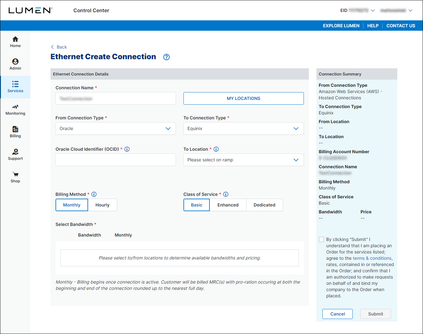 Ethernet Create Connection (showing a connection between Oracle and Equinix)