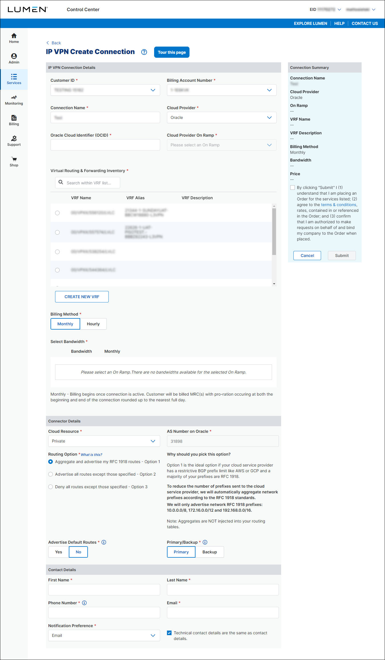 IP VPN Create Connection (showing Oracle connection)