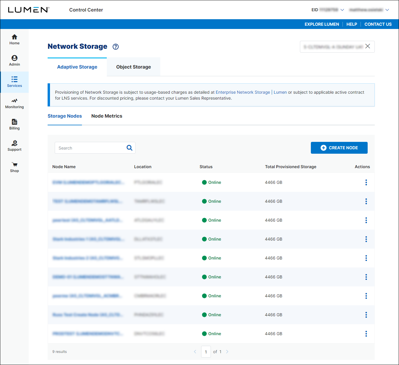 Network Storage (showing Adaptive Storage tab and Storage Nodes subtab)