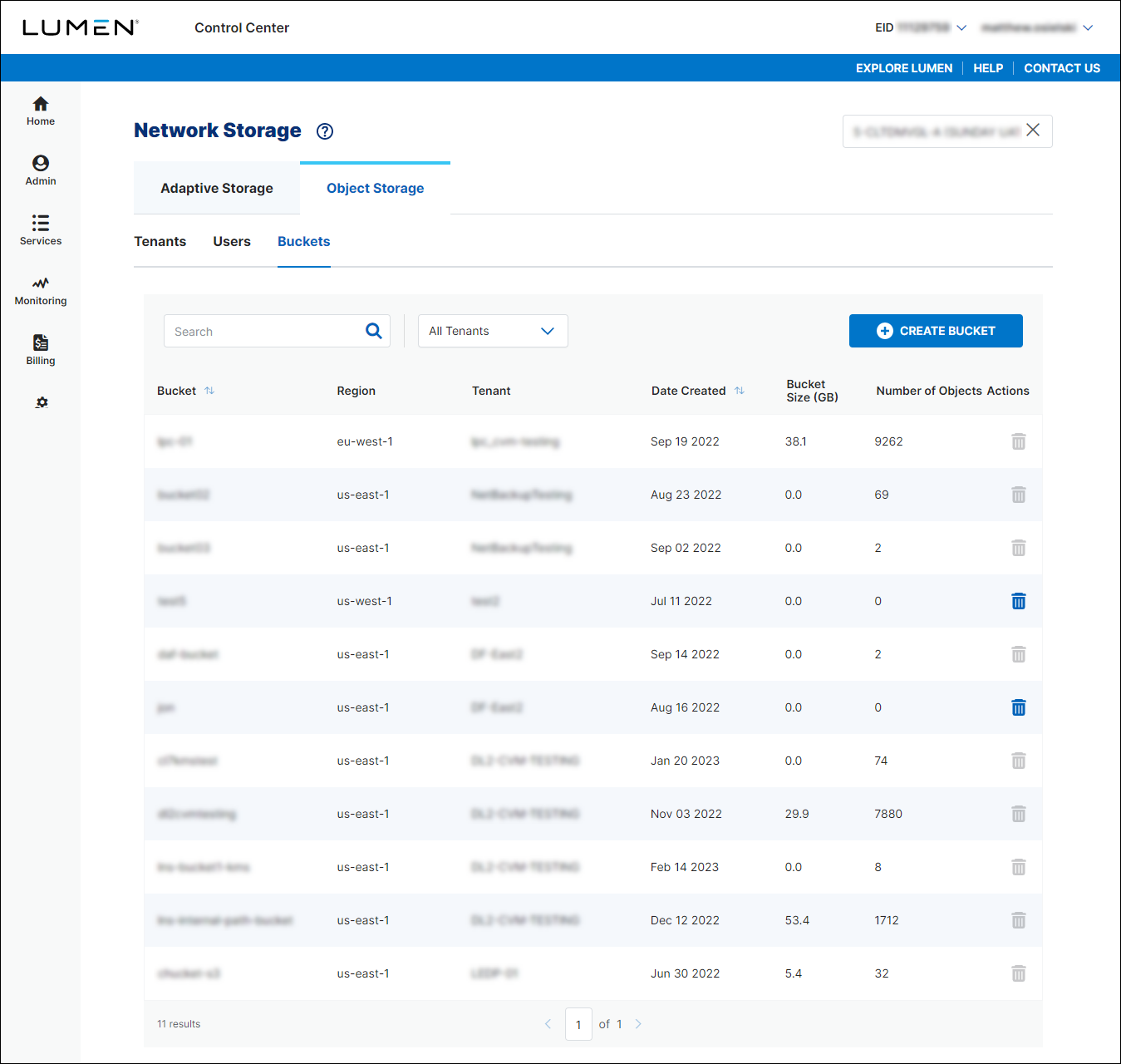 Object Storage (showing Buckets subtab)