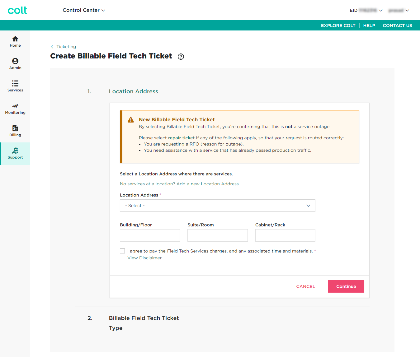 Create Billable Field Tech Ticket (showing Location section)