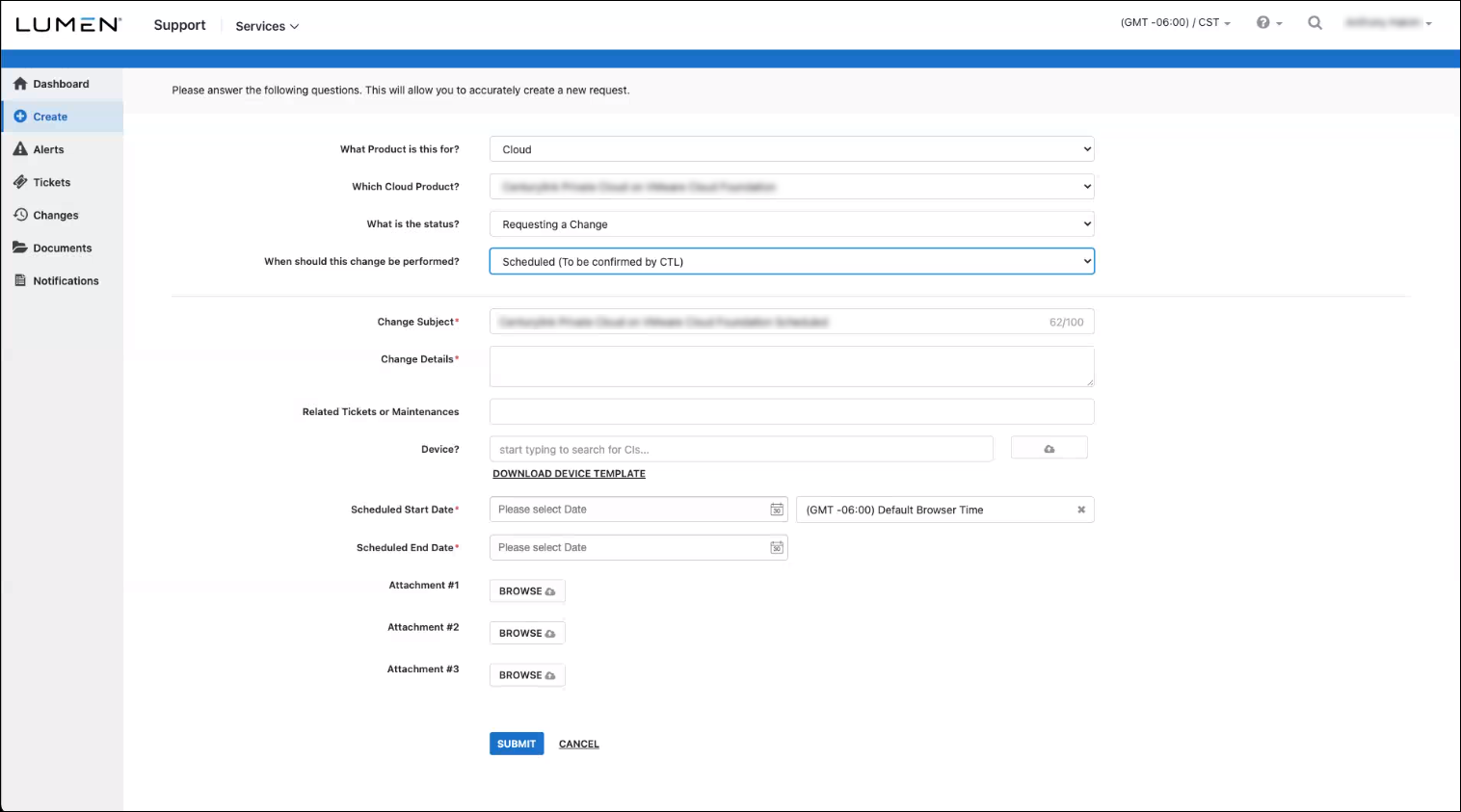 The Managed Support request screen.