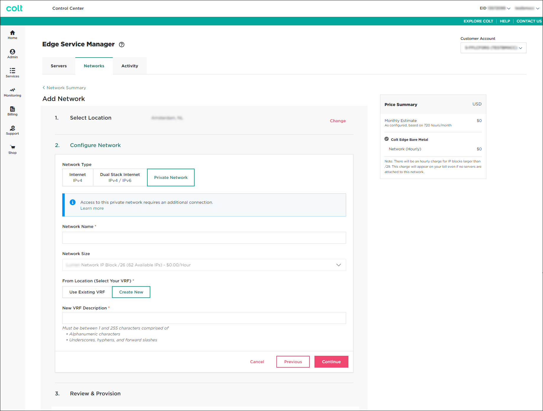 Edge Service Manager add network configure network view