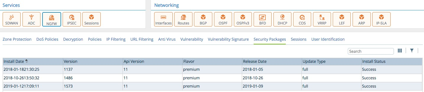 Monitor tab (showing Security Packages tab for an appliance)