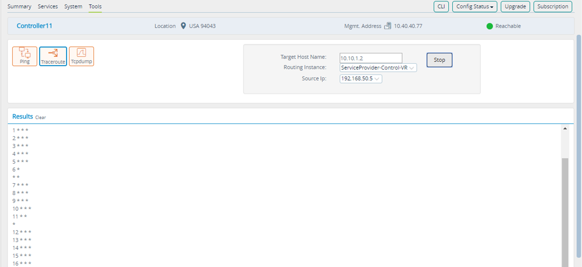 Monitor tab (showing Tools tab for an appliance--with Traceroute)